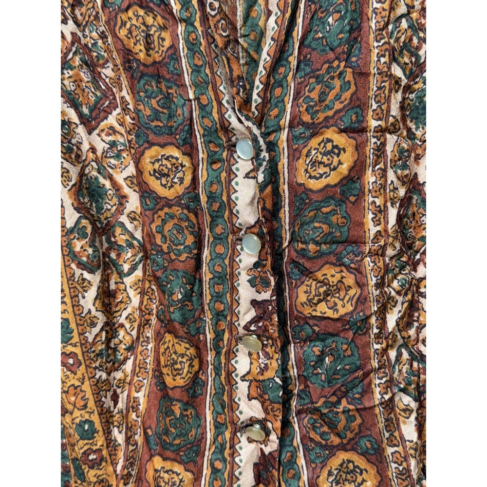 Boho‎ Paisley Dress Womens Medium Brown Orange Green Button Front Short Sleeve - Picture 4 of 12